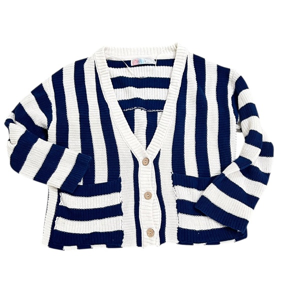 Free People navy Blue & Cream high Tide Striped Cardigan oversized cotton sz xs - Picture 6 of 14